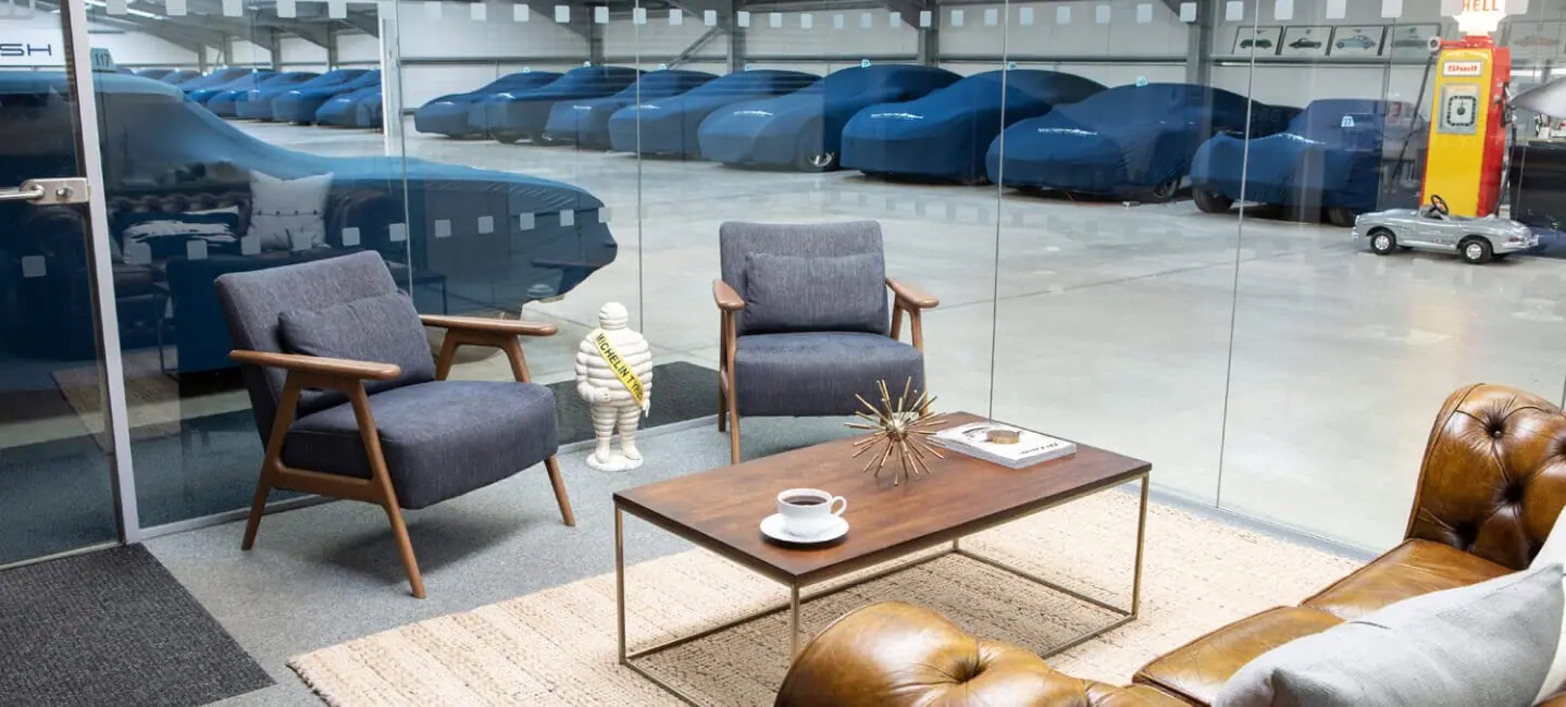 The client lounge looking onto the stored cars