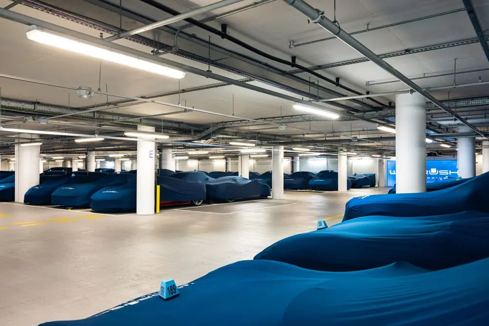 Covered cars in the London facility