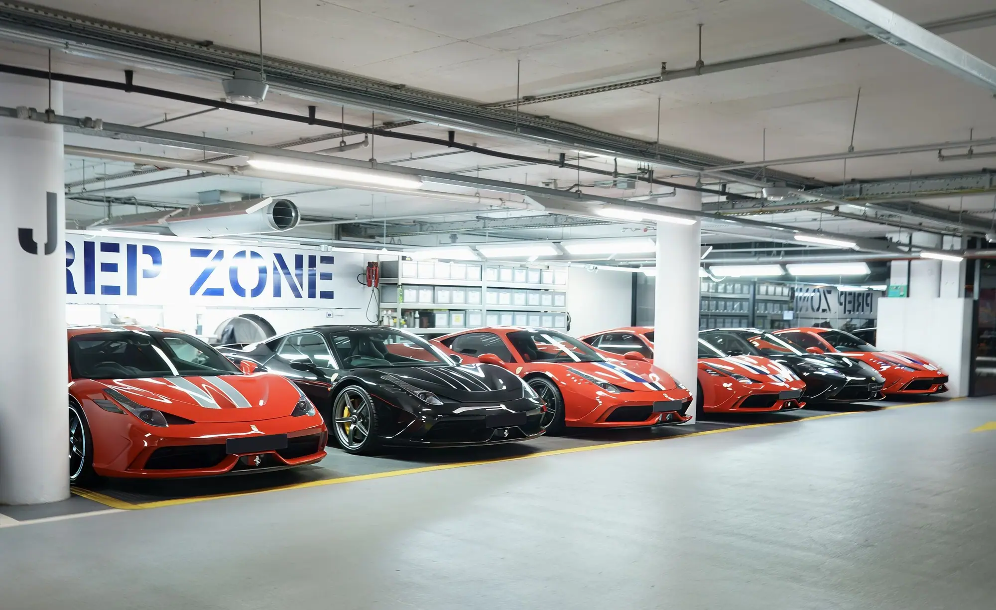 A row of Ferrari Speciale cars in the London prep zone